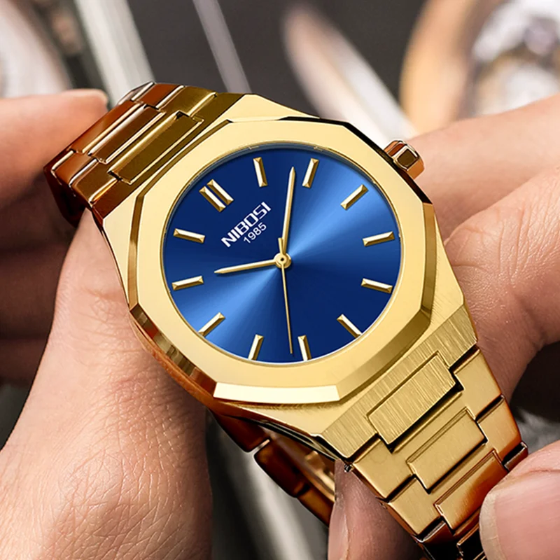 

Luxury Quartz Watch for Men Gold Black Full Stainless Steel Strap Watches Golden Blue Wristwatch Male Clock Business Man Reloj