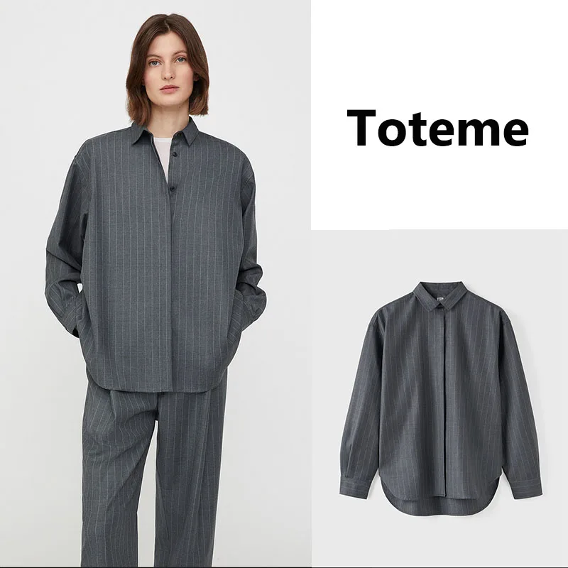 

Toteme Ladies Shirt 2023 New Gray Striped Pointed Collar Dropped Shoulders Loose Silhouette Long-sleeve Shirt Blouse Niche Top