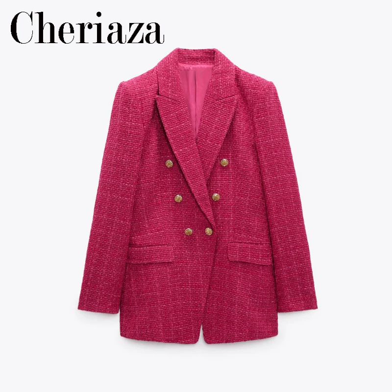 

Cheriaza Autumn Woman Casual Rose Red Blazer Double Breasted Long Sleeves Vintage Outerwear Pocket Top Slim Fit Commuter Coat