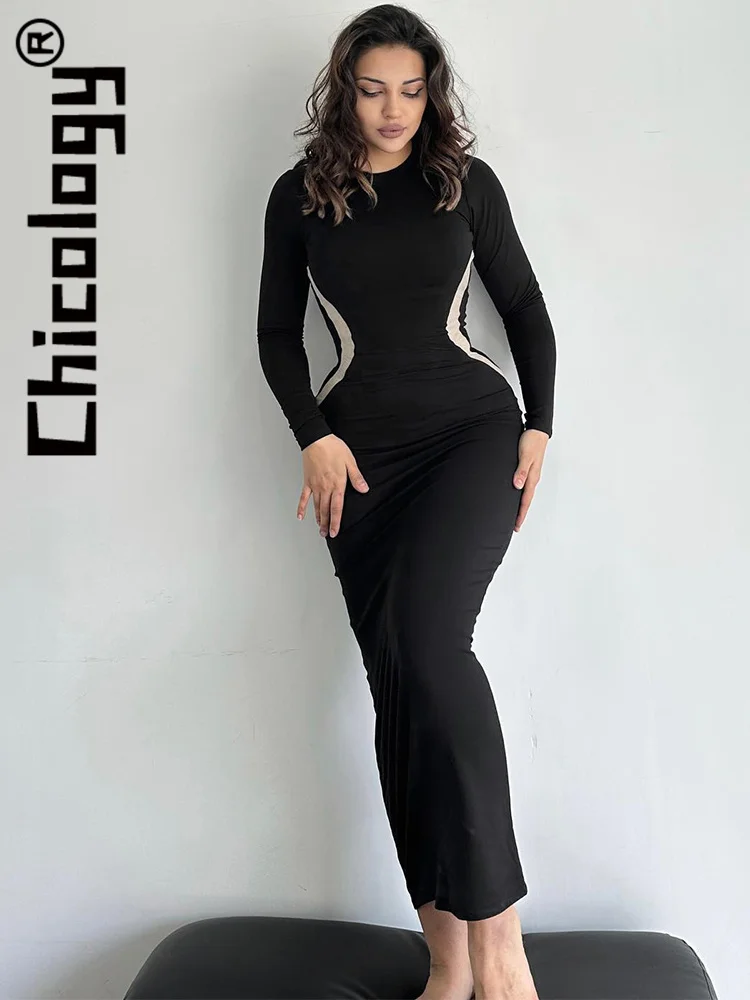 

Chicology, черное облегающее длинное платье с длинными рукавами, Повседневная Уличная мода, базовый наряд, вечерние, 2023, женская одежда, оптовая продажа