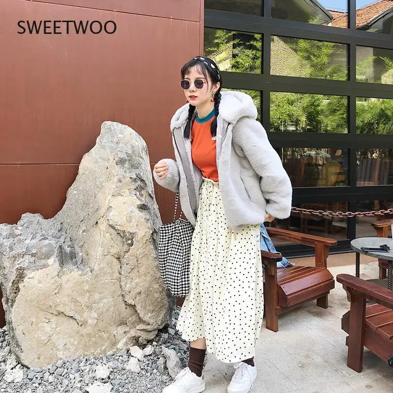 Winter Coat Women Faux Rabbit Hair Fur Coat Korean Hooded Imitation Mink Hair Long Jacket Loose Thick Warm Faux Fur Jacket Tide