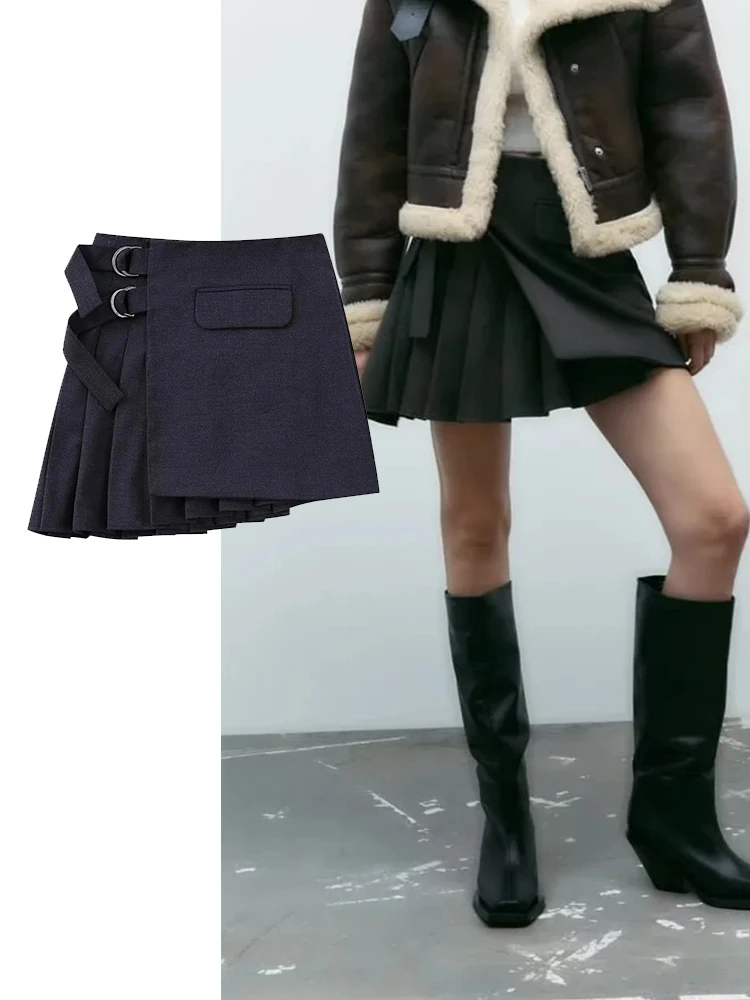 

TRAF Women Black Sexy Mini Skirts Fashion Vintage High Waist A-Line Slim Elegant Autumn Streetwear Pleated Skirts