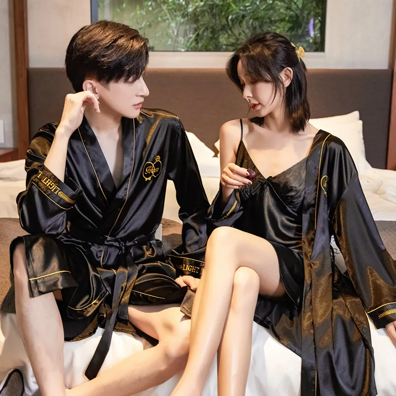Spring and Summer New Silk Couple Pajamas Men's Pajamas Shorts Women's Hanging Skirt Bathrobe Two-piece Large Size Robe