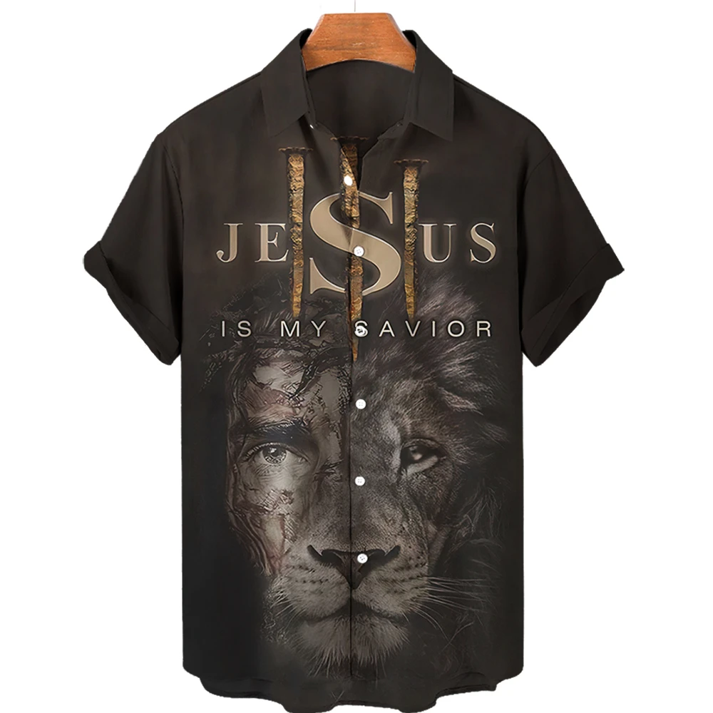 

Men's Hawaiian Shirts Animal Lion T Shirt 3d Print Jesus Pattern Fashion High Street Loose Top Men's Shirt Clothing Streetwear