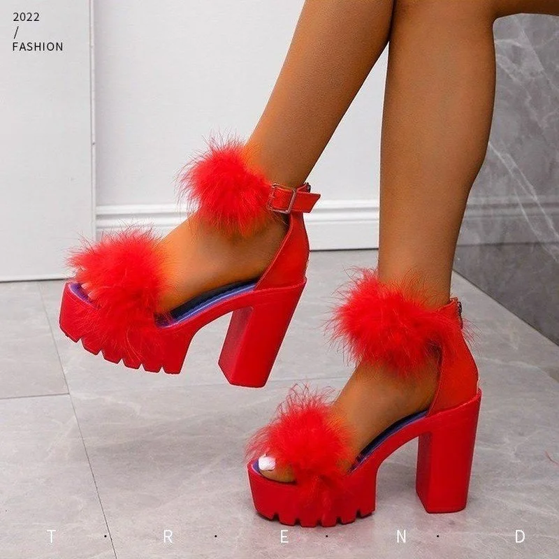 

Sexy Shoes Women Ankle Strap Chunky High Heels Summer Faux Fluffy Fur Women Sandals Party Platform Pumps Lady zapatos mujer