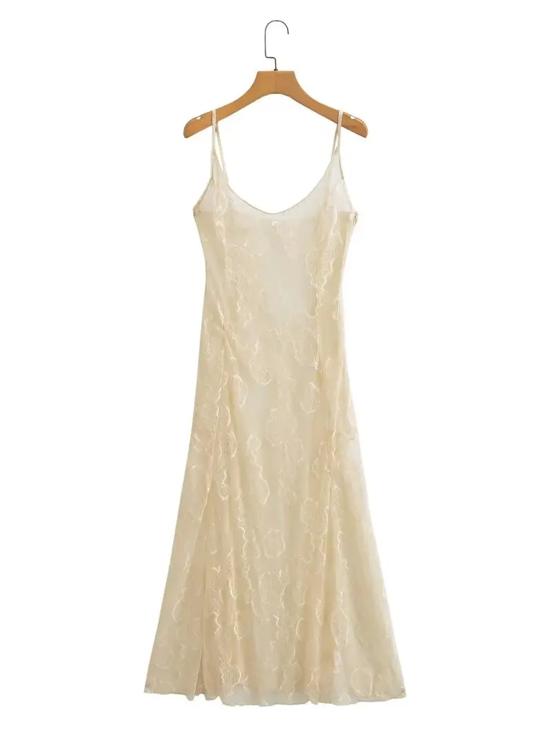 

Женское сексуальное бежевое прозрачное длинное платье на бретельках, кружевные Макси-платья с разрезом