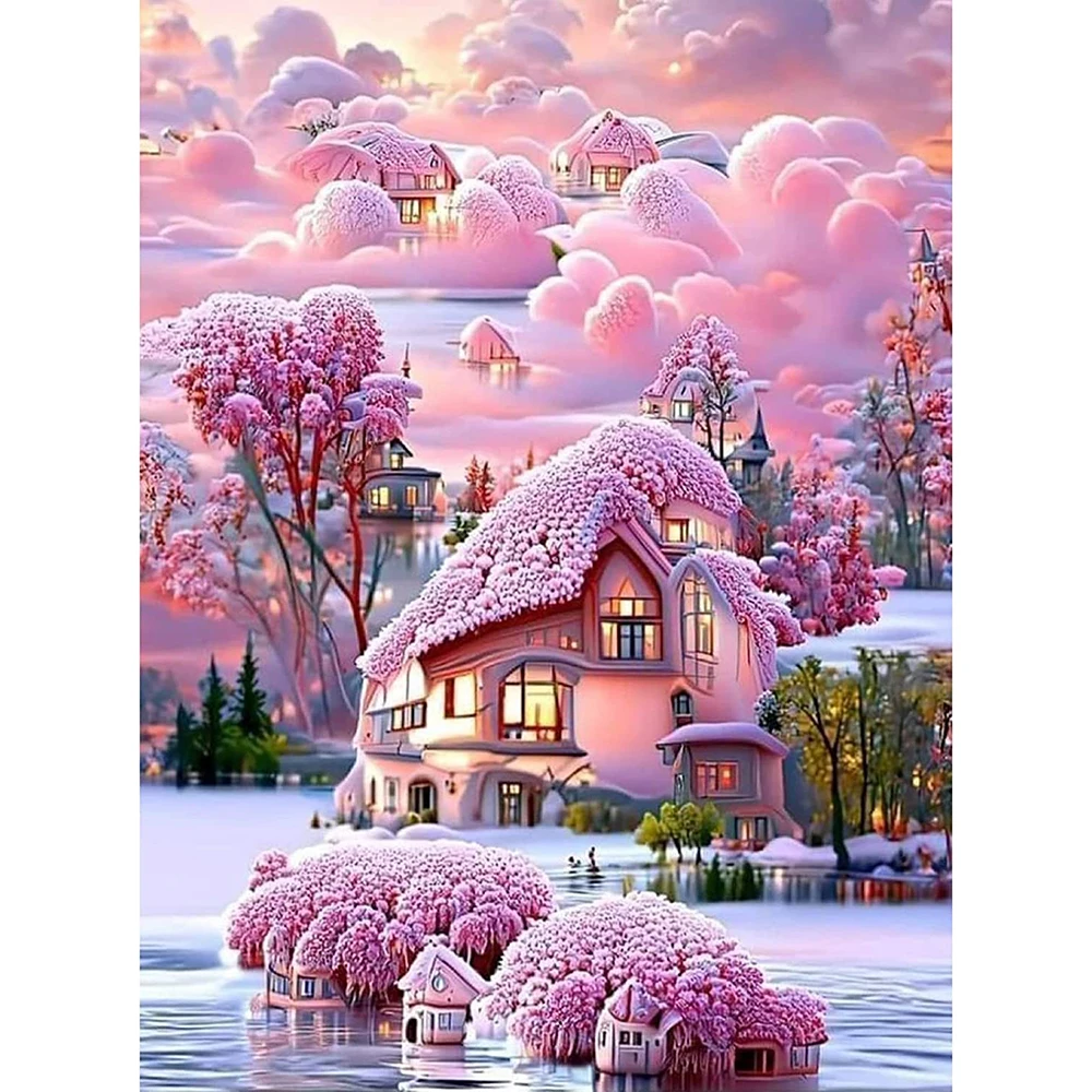 

Full Diamond Painting Set For Beginners And Children DIY Diamond Embroidery Cross Stitch Pink Garden House Wall Decoration