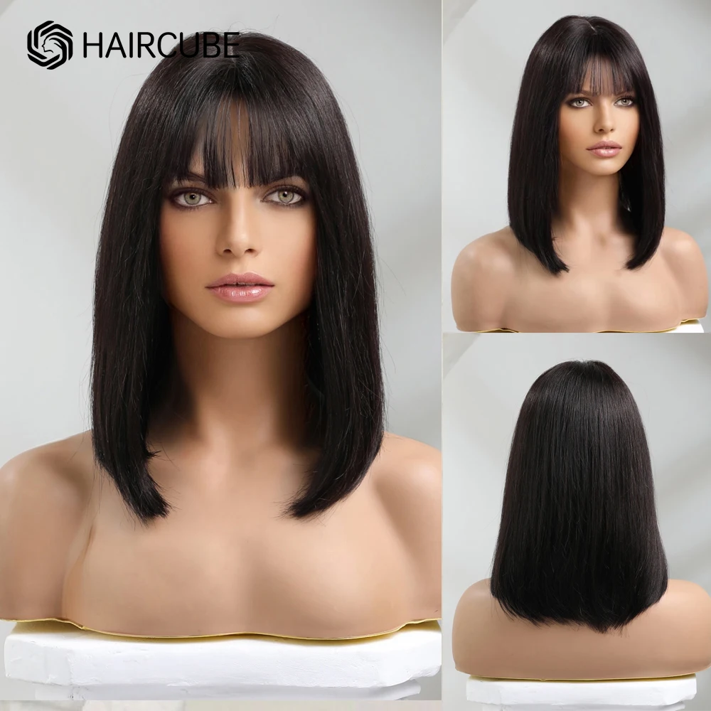 HAIRCUBE-Peluca de cabello humano liso con flequillo para mujer, pelo Natural, 14 pulgadas de largo, hecha a máquina