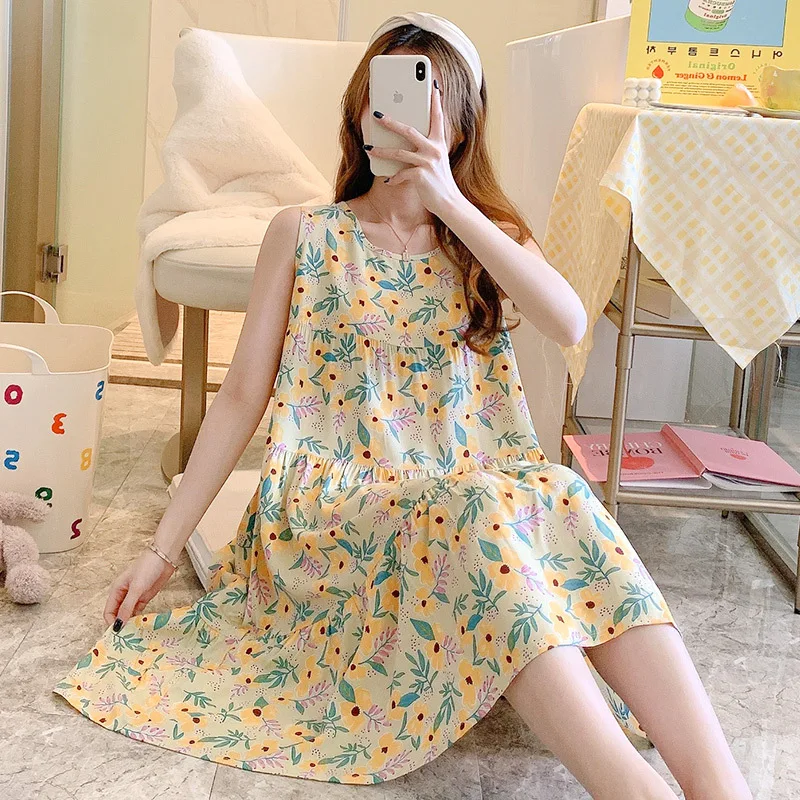 Womens Nightgowns Round Neck Pajama Dress Floral Sleepdress Nightshirt Tank Nightdress Sleeveless Sleepwear Casual Sleepshirt