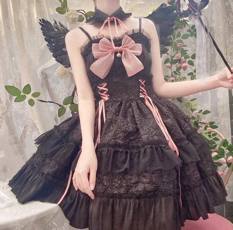 

Женское жаккардовое платье в стиле «Лолита», черное бальное платье розового цвета с бантом и оборками, сексуальный костюм для косплея, лето 2023