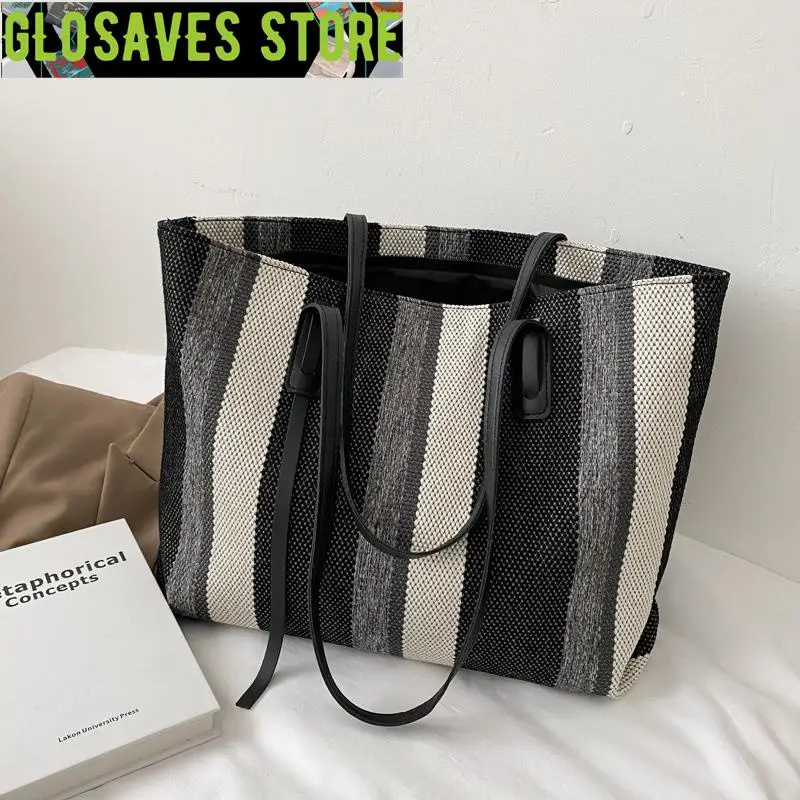

Large Capacity Canvas Women Shopping Shoulder Bags Luxury Designer Simple Stripes Handbags Casual Female Bucket Shopper Tote Bag
