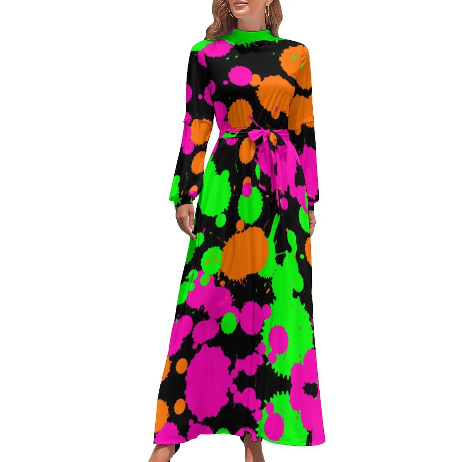 

Neon Paint Dress Graffiti Splatter Print Modern Pattern Maxi Dress High Waist Long Sleeve Aesthetic Boho Beach Long Dresses