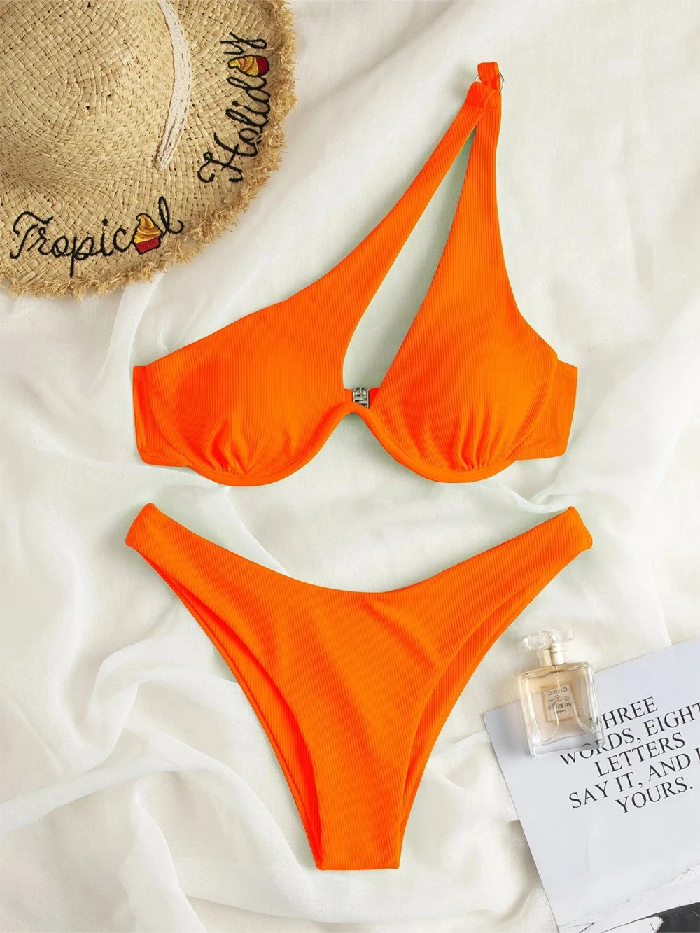 

Low Waist 2 Piece Bikini Underwire Swimsuit Women One Shoulder Swimwear Solid Bathing Suit Sexy Summer Beachwear Orange Monokini