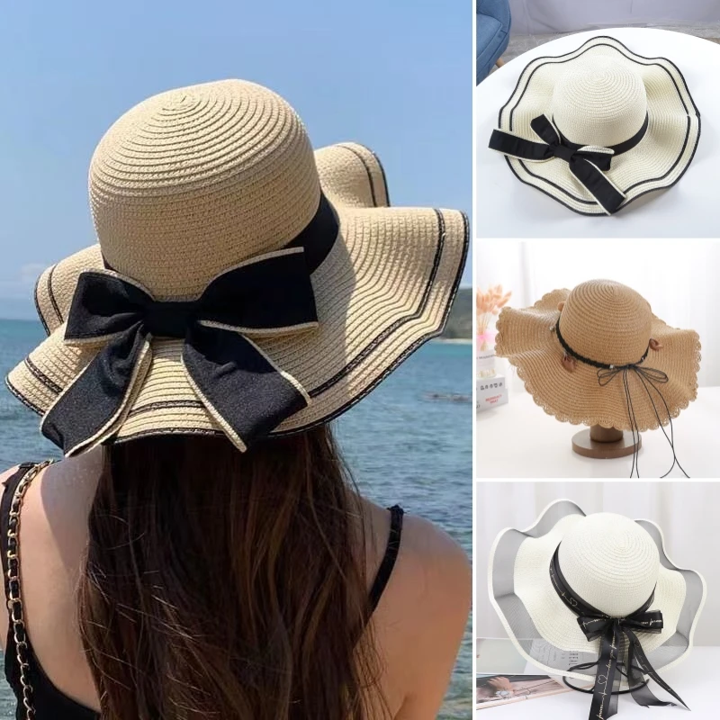 

Шляпа женская Соломенная с бантом, Классическая пляжная Панама с широкими боками, канотье от солнца, летняя федора, подарок