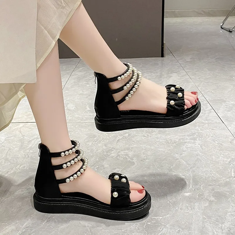 2023 Summer Women's Sandals New Round Head Zipper Flat Bottom Fashion Sweet Style Pearl Open Toe Versatile Sandals