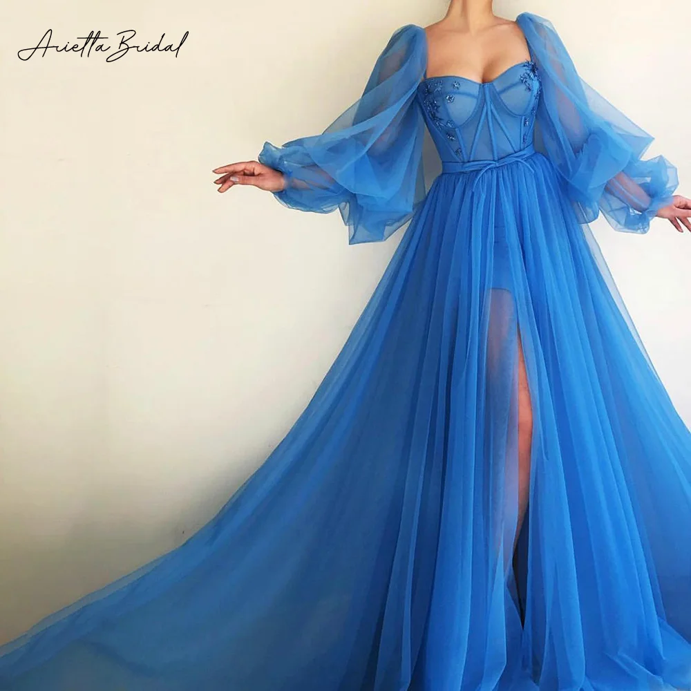 

Голубое Тюлевое платье-трапеция Arietta, платье для выпускного вечера с длинными рукавами-фонариками и высоким разрезом, Вечерние Платья-макси для торжественных мероприятий, 2023