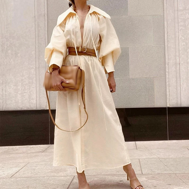 

Платье женское однотонное с V-образным вырезом, свободное повседневное длинное платье с поясом, с рукавами-фонариками и V-образным вырезом, с поясом, с лацканами, весна-осень