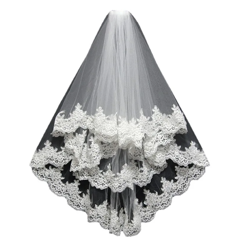 

Short Tulle 2 Layers Appliques Lace Edge Eblow Length Veil with Comb Bridal Accessories Veu de Noiva