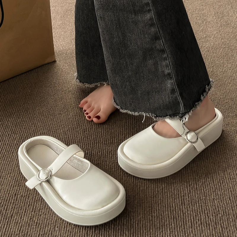 

Summer Round Head Shallow Mouth Pin Buckle Comfortable Wear-resistant Women's Shoes New Thick Bottom Casual Fashion Slippers
