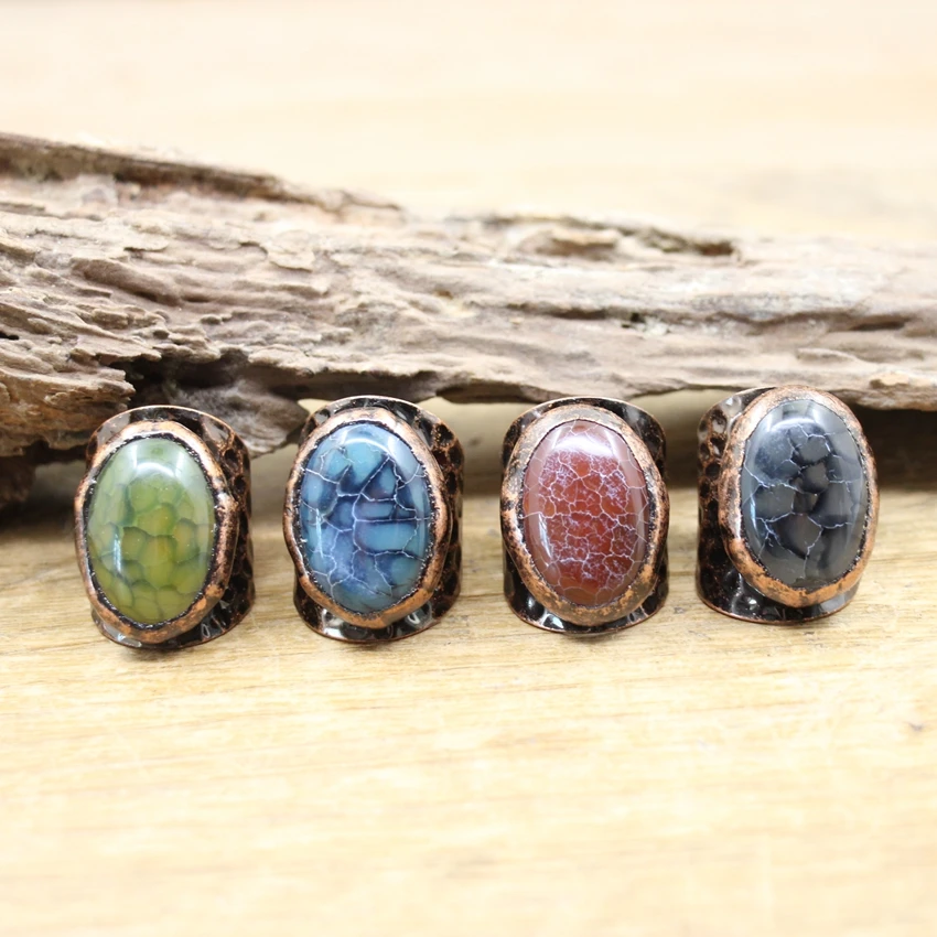 

Antique Copper Adjustable Ring Soldered Dragon Veins Agates Oval Cabochon Open Finger Ring Fashion Jewelry Dropshipping,QC4155