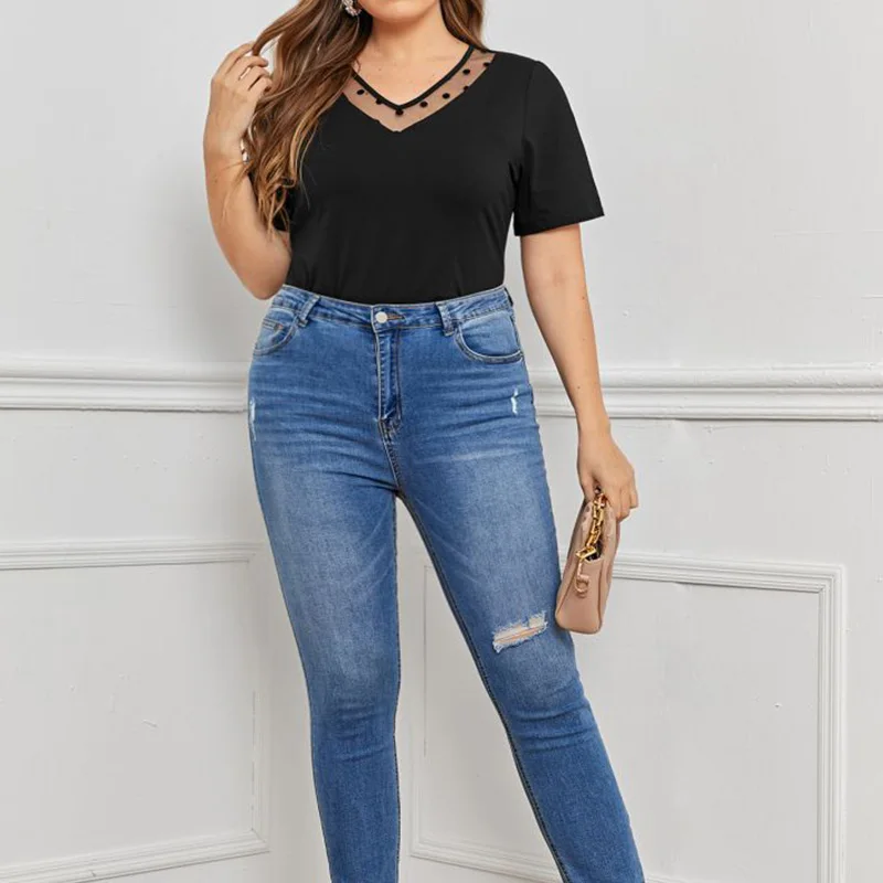 Casual Plus Size Clothes Black T-Shirt 2023 Summer Lace Patchwork V-Neck Short Sleeve Office Lady Pullover Basic Tops Women's