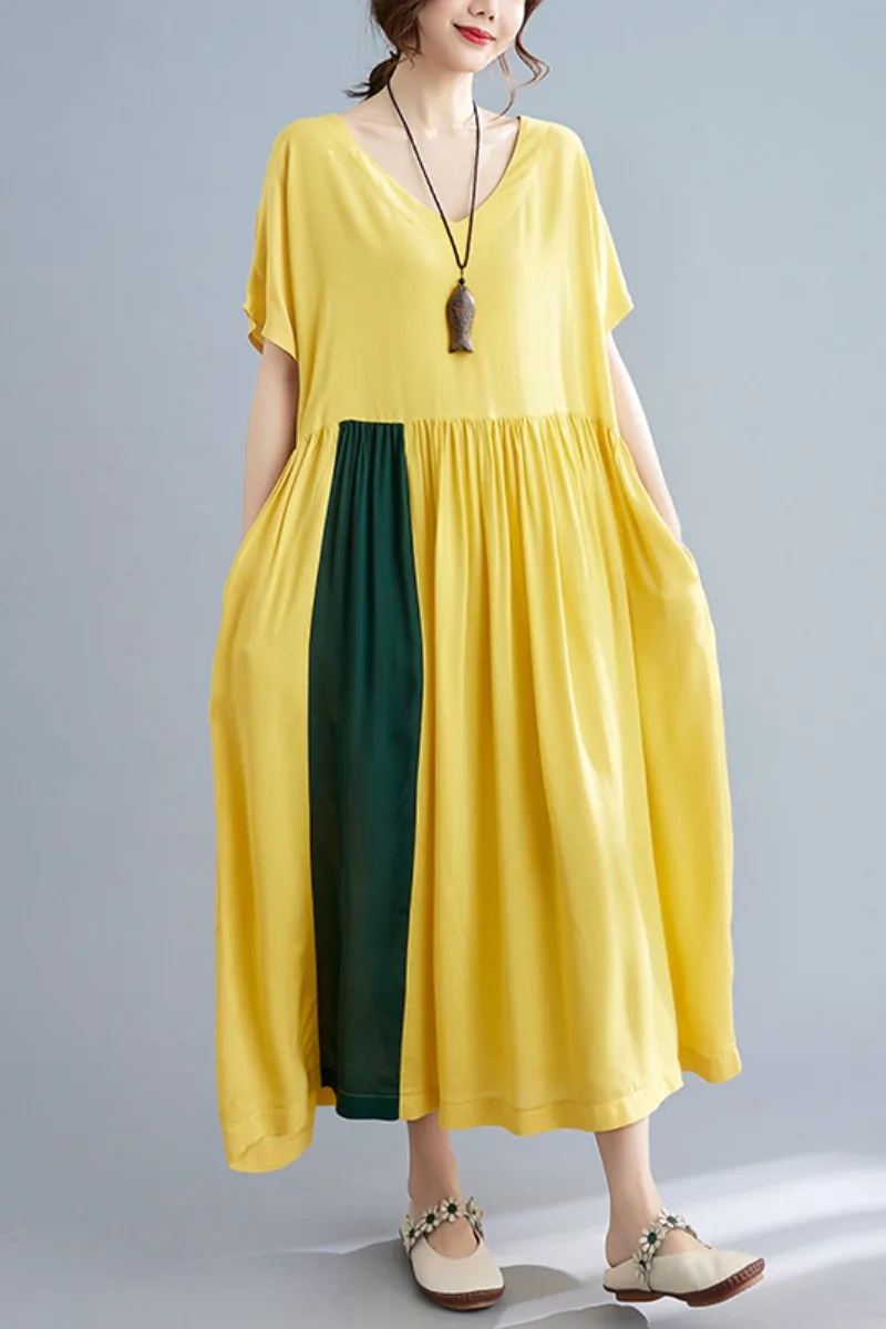 Женское платье-макси с V-образным вырезом из хлопка и льна |