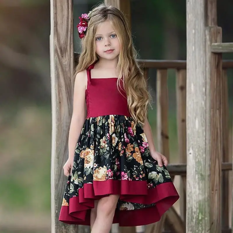 

Summer Princess Girls Dress Floral Print Irregular Design Dresses Cotton Kids Wedding Birthday Party Strap Dresses Outfits
