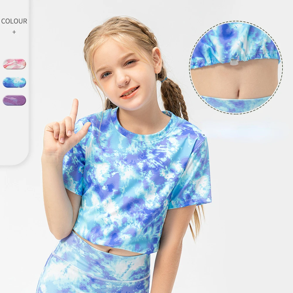 

Girls Cute Tie Dye Daily Casual Sports Short Sleeve T-shirt Teens Crew Neck Running Fitness Crop Tee Tops Children's Activewear