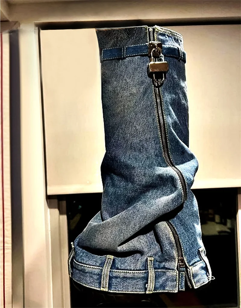 2023 Winter New Style Women's Knee-high Boots Round Toe Platform Wedges Denim Female Shoes Fashion Metal Decoration Boots Ladies