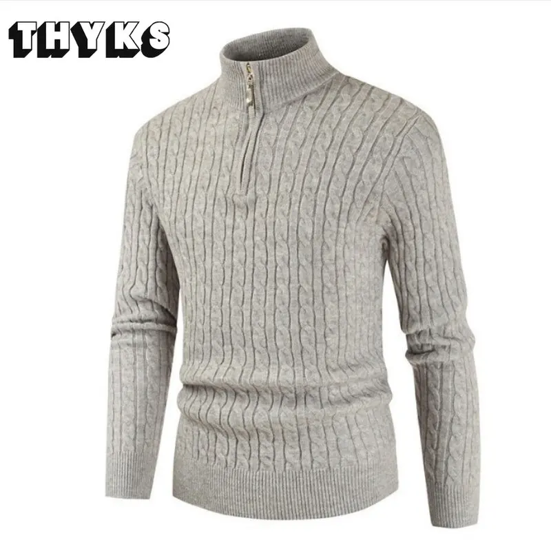 Men Round Neck Small Horse Sweater Retro Solid Thickened Zipper Cardigan Casual Loose Knit Long Sleeve Warm Pullover Winter Grey