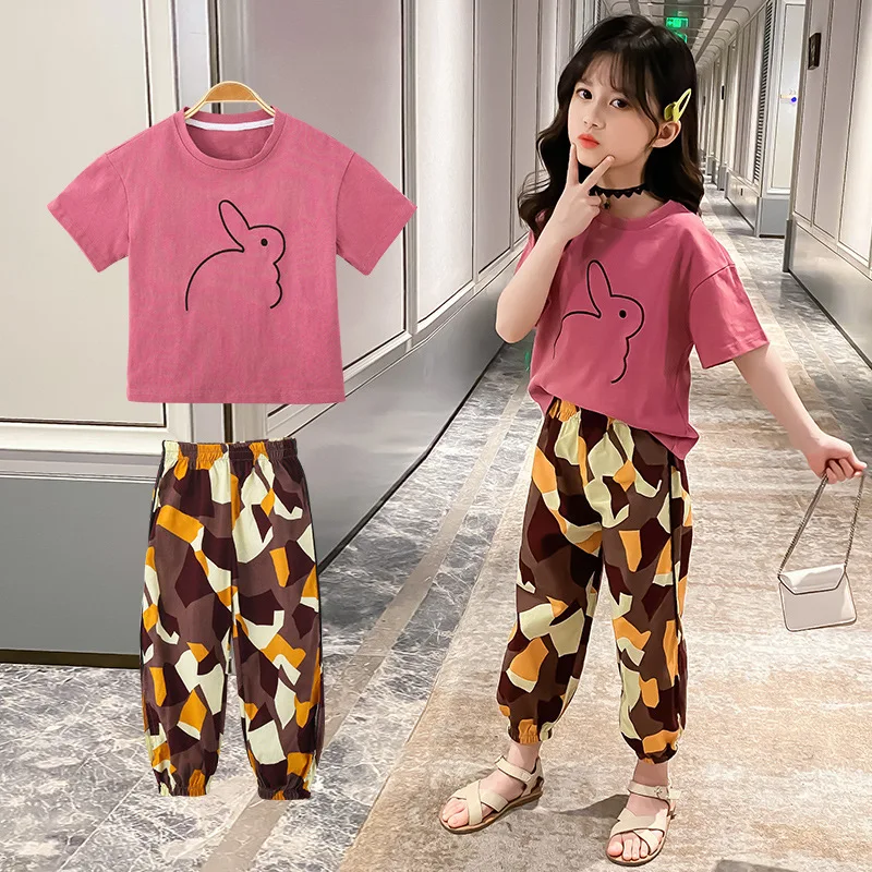 

Kids Summer Clothes Rabbit Print Suit for Girls Short Sleeves Tshirt + Pants Outfit for Girls Casual Style Tracksuits Children