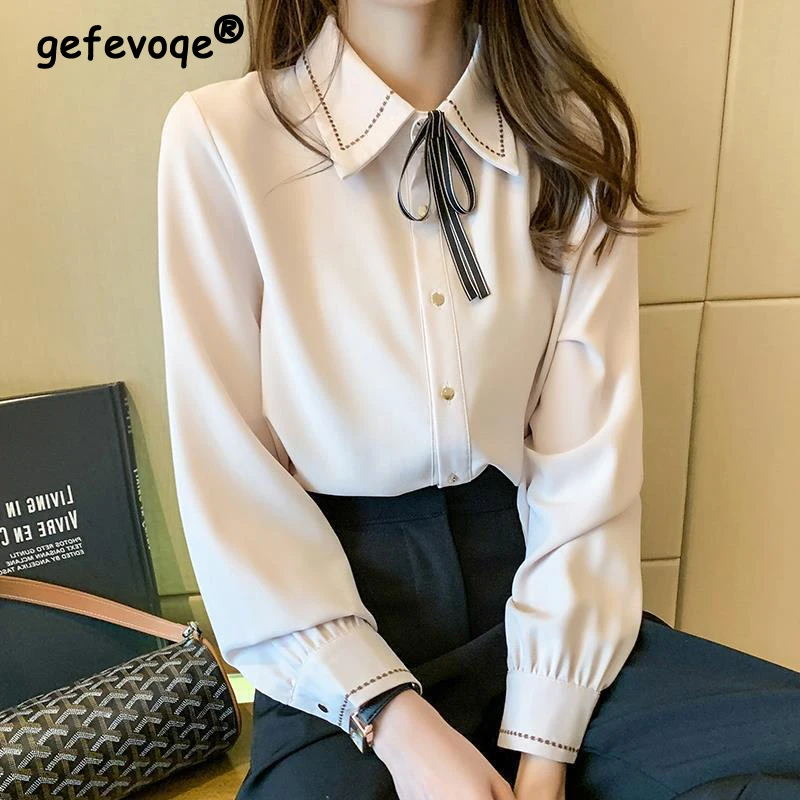 Autumn New Cute Bow Korean College Shirt Female Long Sleeve Lapel Casual Women Harajuku Uniform Single-breasted Blouse Loose Top
