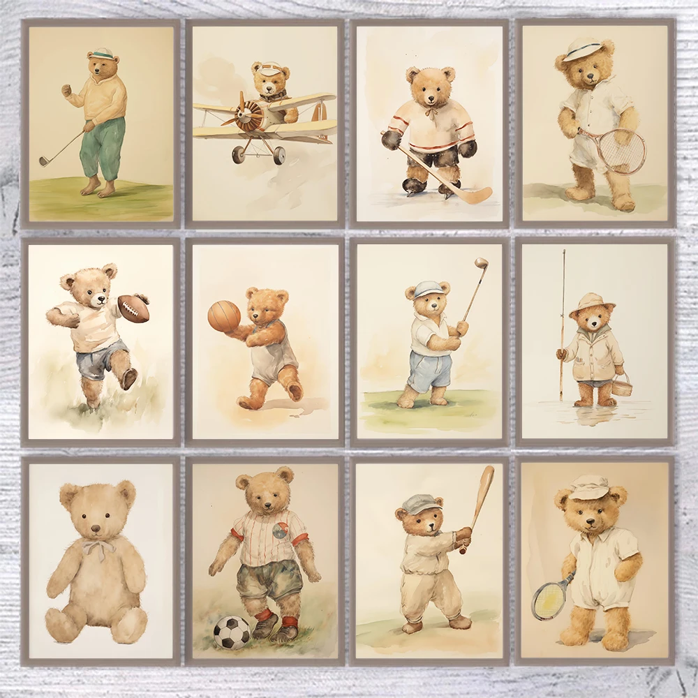 Акварель милый спортивный плюшевый мишка рыбалка гольф мультяшный постер холст