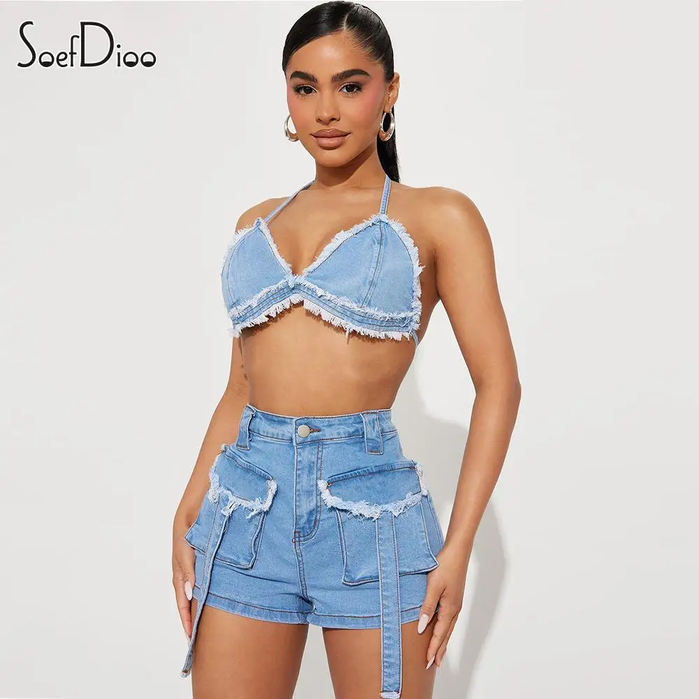 

Soefdioo Fashion Denim Tassle Two Piece Set Women Sexy Bandage Wrapped Chest Tank Top and Cargo Shorts Matching 2023 Streetwear