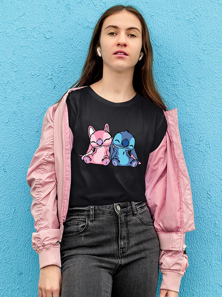 

Lilo & Stitch T-shirt Dropshipping Ohana Fashion Disney Couples Shirt Black Basic Casual Tops Valentine's Day Women Clothes