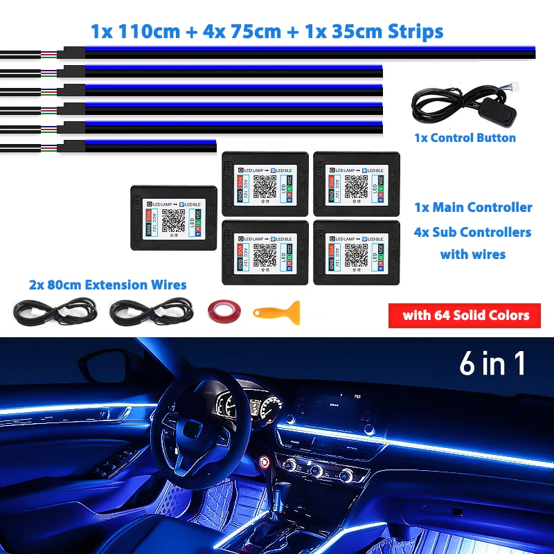 

6/18/22 в 1, светодиодный акриловый автомобильный окружающий свет RGB 64 213, цветная симфоническая акриловая лампа для приложения, стример, комплект радужной атмосферы, двойная зона