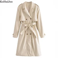 kohuijoo fashion spring autumn women trench coat long double breasted epaulet casual overcoat faux leather pu windbreaker belt