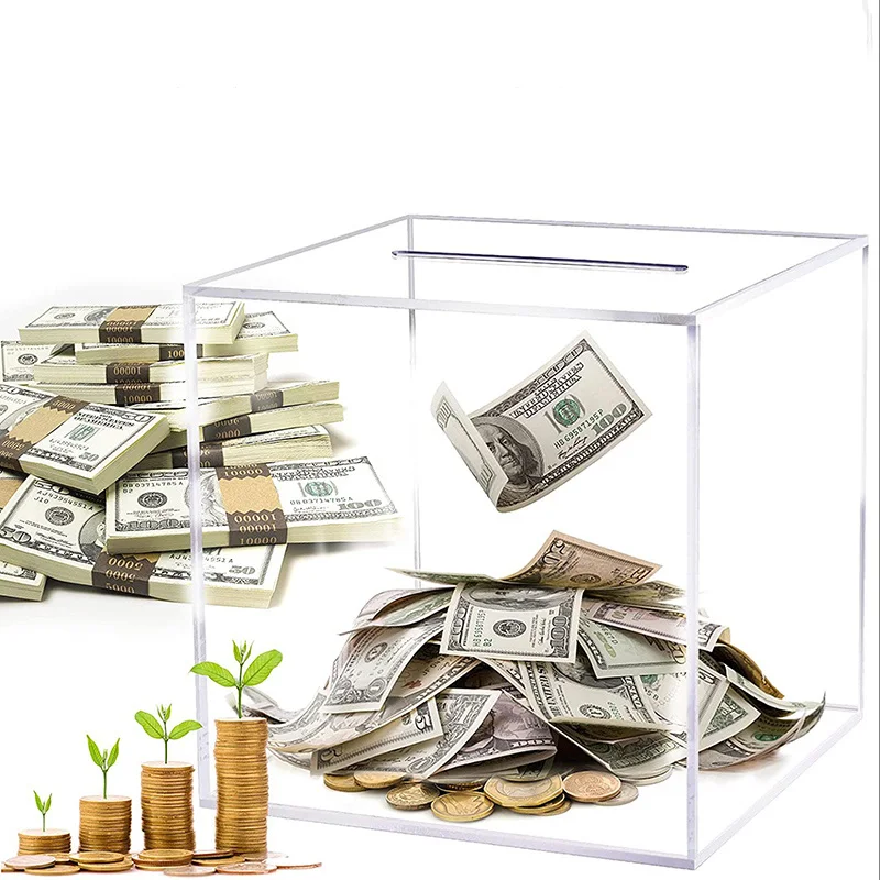 Transparent Acrylic Piggy Bank Square Large Capacity Money Saving Box Coin Banknote Box 12 /15 /18CM
