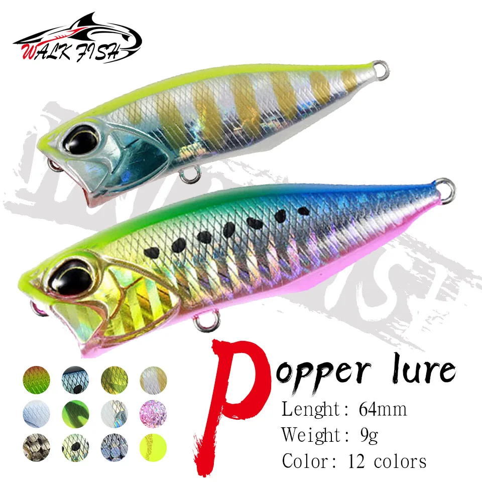 

WALK FISH 1PCS 64mm/9g Popper Floating Fishing Lure 3D Fisheyes Hard Bait Bass Trout Swimbait Artificial Wobblers Fishing Tackle