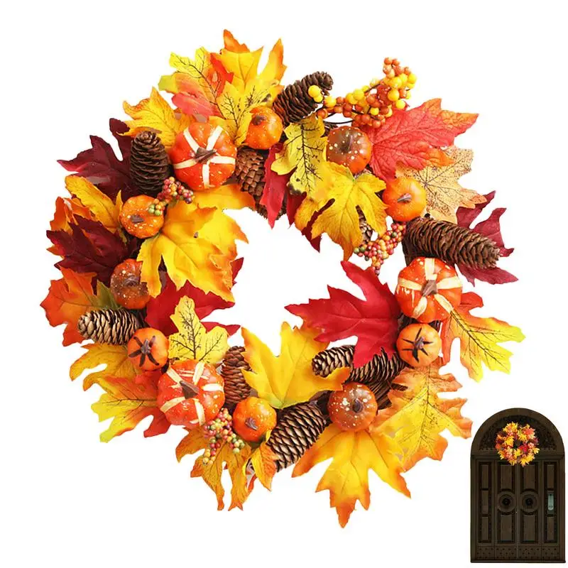 

Autumn Door Wreath Outdoor Harvest Decorations Wreath Rustic Round Wall Hung Wreaths With Maple Leaves Pumpkin For Thanksgiving