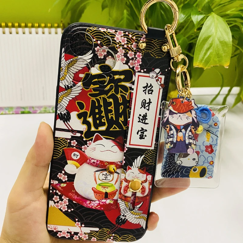 Lucky Cat Wristband Bracket Shell for iPhone 11 12 13 14 Pro Max XS MAX XR Ornament Soft Back Cover for iPhone X 8 7 6 6S Plus