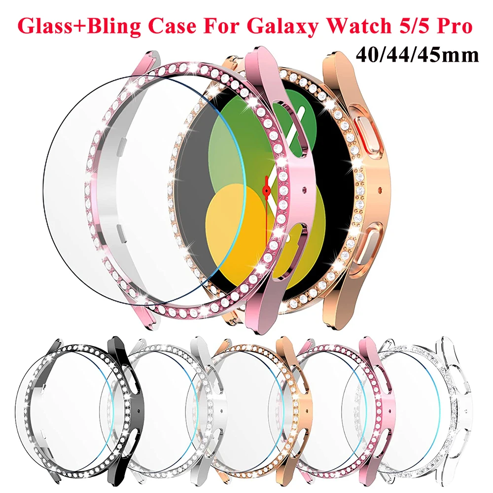 Custodia Diamantata + Vetro Per Samsung Galaxy Watch 5 Pro 45Mm Bling Pc Protezione Dello Schermo Della Copertura Del Paraurti Per Galaxy Watch 5 40Mm