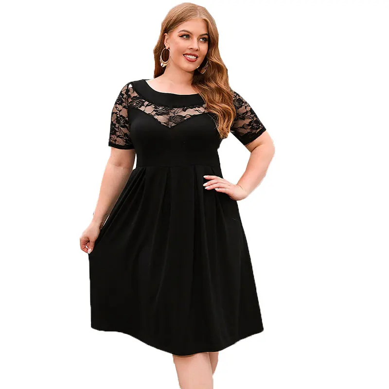 Plus Size Dresses for Women 2023 Summer Midi Elegant Short Sleeve Lace Patchwork Black Party Dresses Female Outfits Clothing 4XL