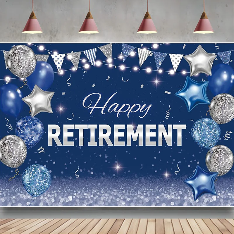 

Happy Retirement Party Backdrop Blue Silver Congrats Photography Background Glitter Balloons Decorations Banner Photo Booth Prop