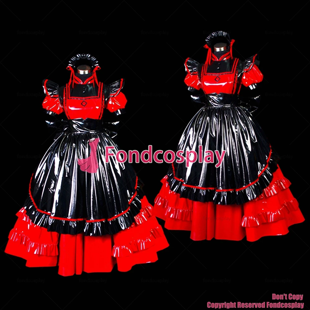 

Сексуальная одежда для взрослых с крестом fondcosplay, Длинное Красное тонкое платье из ПВХ, Запираемая униформа, черный фартук, костюм для CD/TV[G476]