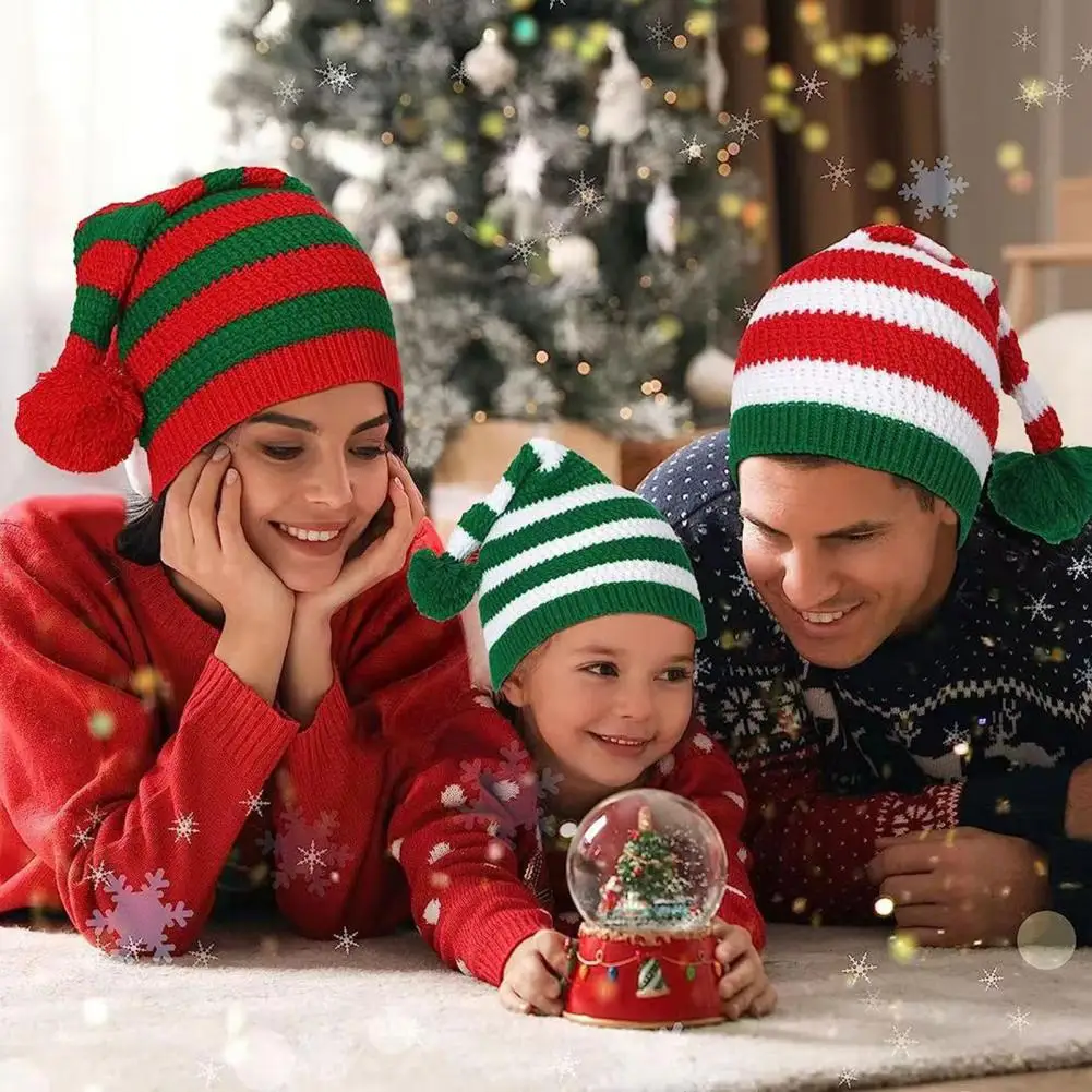 

Зимняя шапка Санта-Клаус вязаная полосатая подходящая плюшевая шапка высокая эластичность противоскользящая защита ушей холодостойкая Рождественская шапка