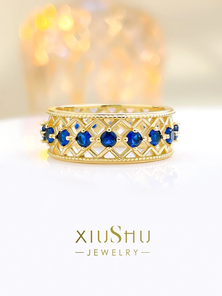 

Модный Королевский синий комплект колец из серебра 925 пробы с покрытием из золота и бриллиантами из Высокоуглеродистых бриллиантов для повседневной универсальности