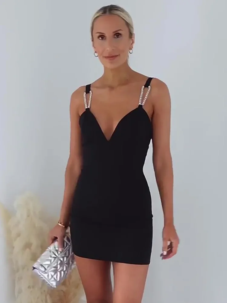 

Summer Dress 2022 Rhinestone Strap Elegant Mini Little Black Dress Women V Neck Sleeveless Night Club Party Sexy Bodycon Dress