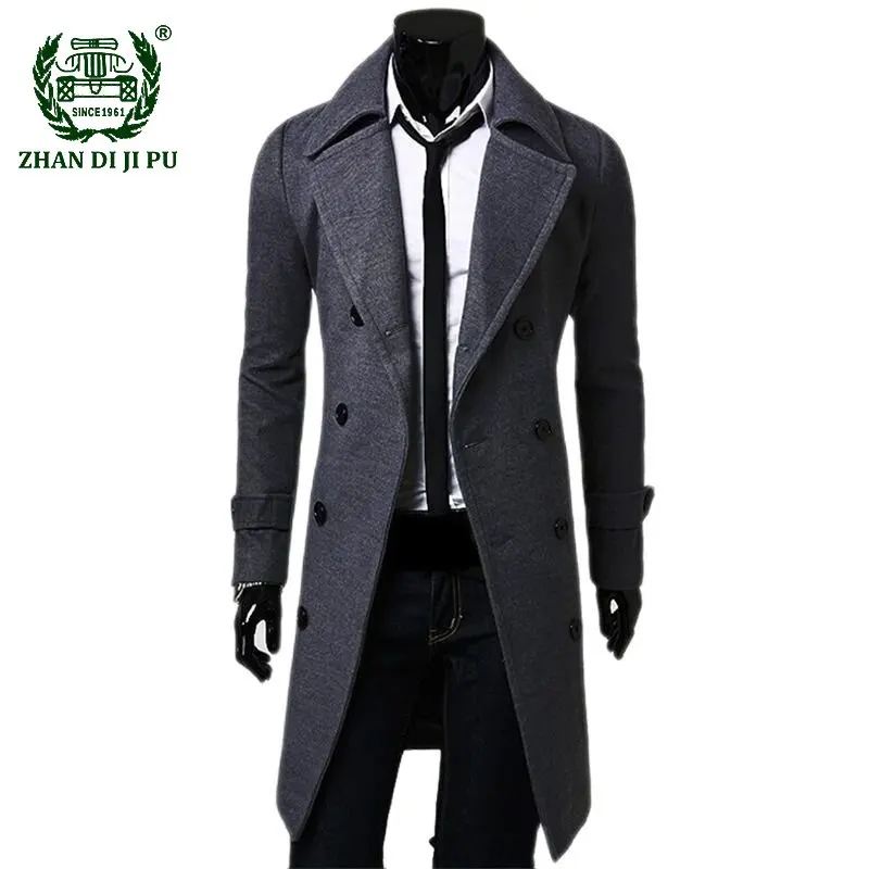 Simple Men's Long Trench Fashion Slim Solid Color Classic Double Row Button Trench High-quality Vintage Warm Windbreaker Male