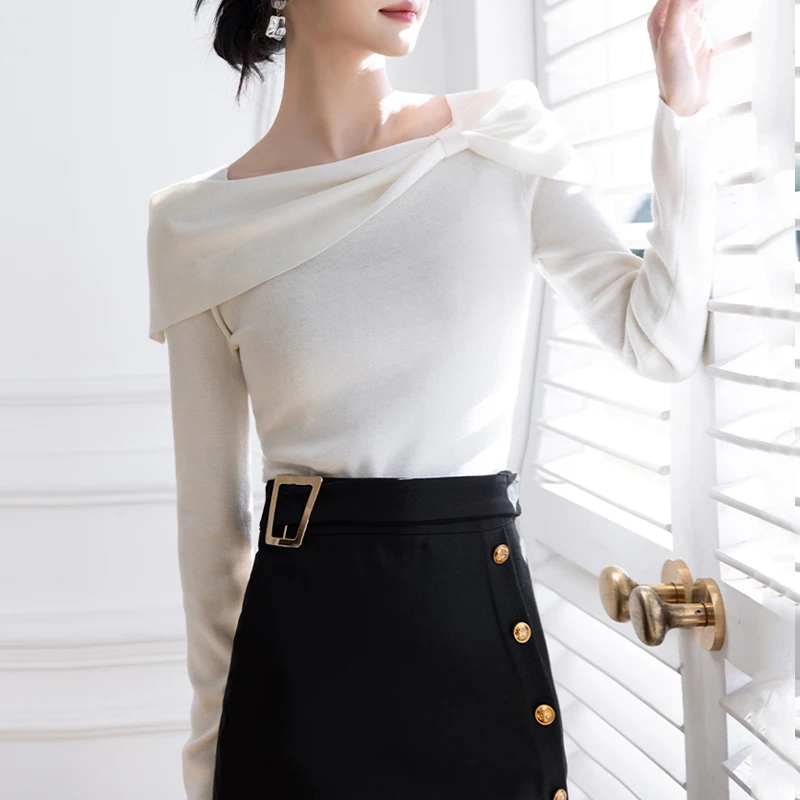 

2023 Autumn Bowtie Knitted Elegant Blouse One Line Shawl Simple Shirt for Women Long Sleeve Knitwear Casual Irregular Tops 28111